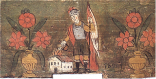 The saint, in armor, pouring water on a miniature burning house