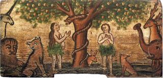 Adam, Eve, animals (including a unicorn), tree, and snake