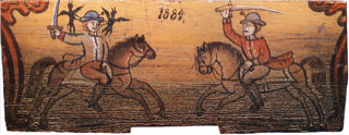 Two well-dressed gentlemen on horseback, fighting with sabers